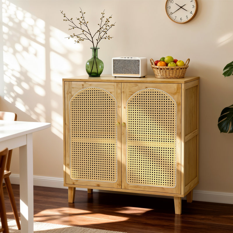 Freestanding Bamboo Kitchen Sideboard Buffet Cabinet 2-Tier Shelves Pantry Storage Cabinet With Two Rattan Door And Elevated Legs