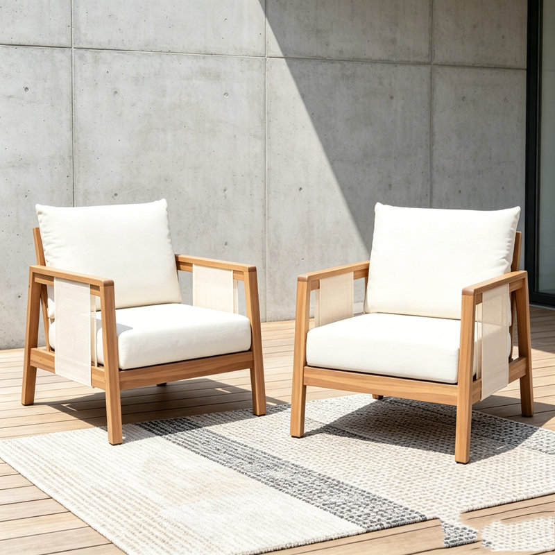 Fauteuil club d'extérieur, coussins blancs hydrofuges, Teak-2pieces