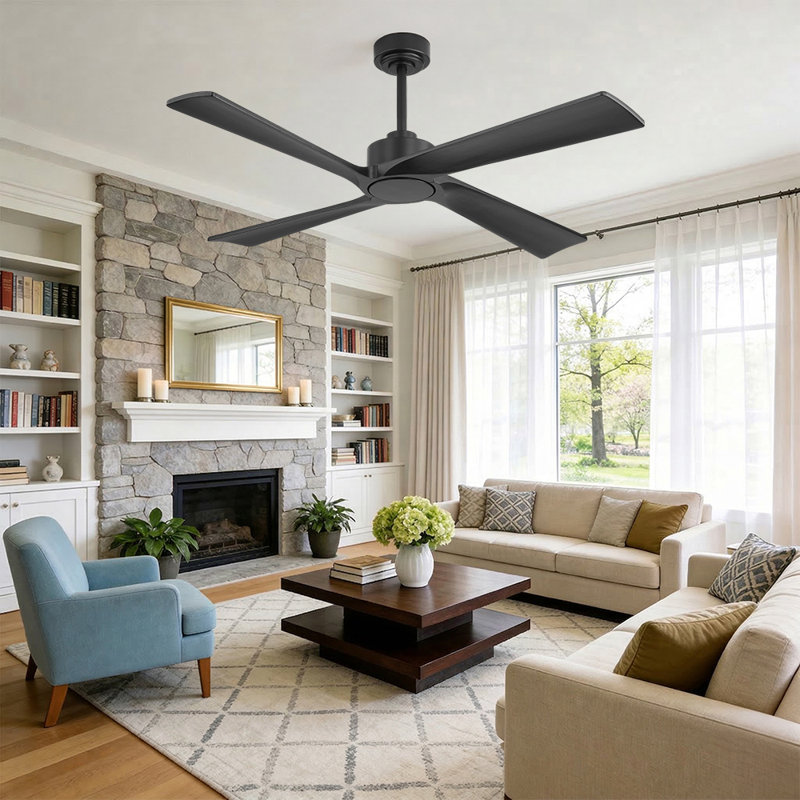 Ventilateur de plafond standard à 4 pales en bois pour l'intérieur avec fixation par tige, Noir, 54 pouces, Noir