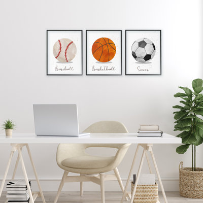 Let's Play Ball Kid's Sports 3pc Framed Giclee Set, design by Christine Simpson Art