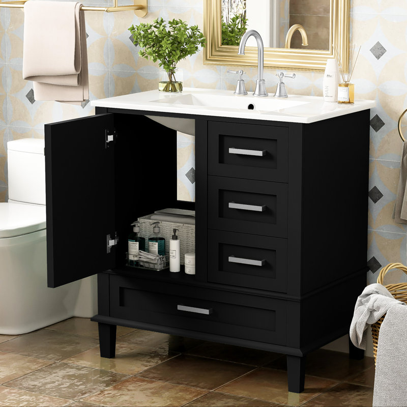Armoire de salle de bain moderne 30 po, couleur noire, bois massif +, comptoir en céramique, 3 tiroirs et porte pour meuble-lavabo exceptionnel, armoire