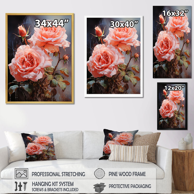" Pink Roses Symbolic Allure I " Print, Gold Floater Framed, 32" H x 24" W