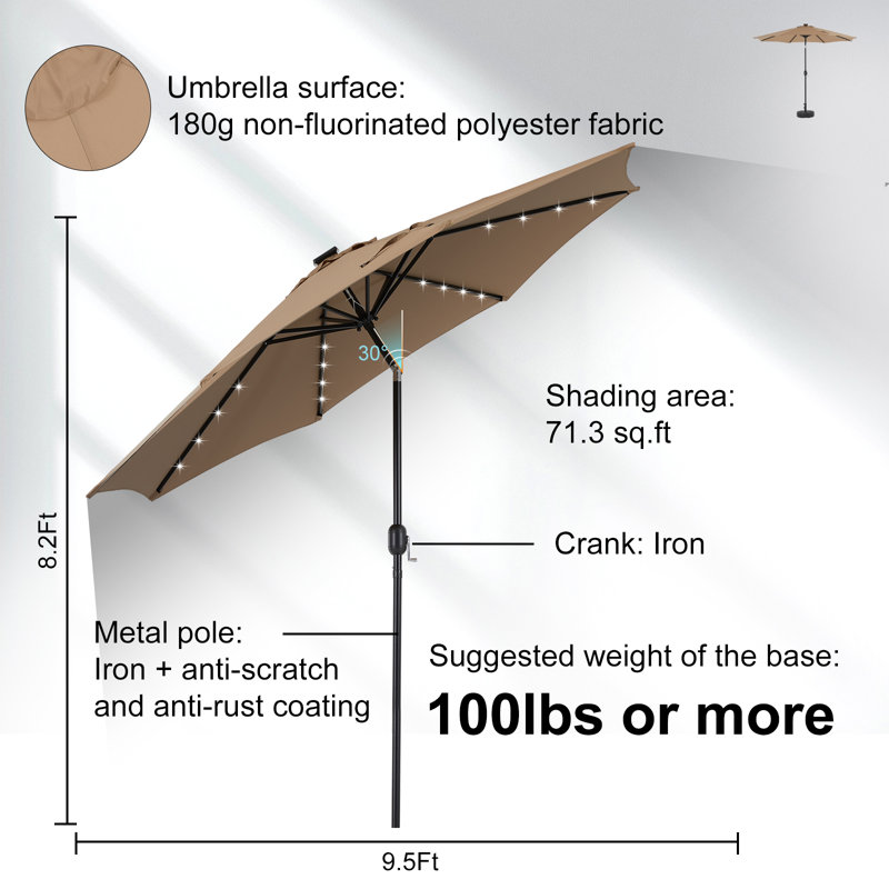 Parasol de patio solaire en polyester de 10 pi avec 32 lumières DEL réglables en inclinaison et tissu résistant aux rayons UV