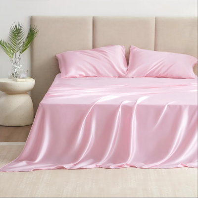Pink Satin Queen Four-Piece Bedding Set, Luxuriously Silky To The Touch, With Deep Pockets, Includes A Sheet, Fitted Sheet, And 2 Pillowcases.