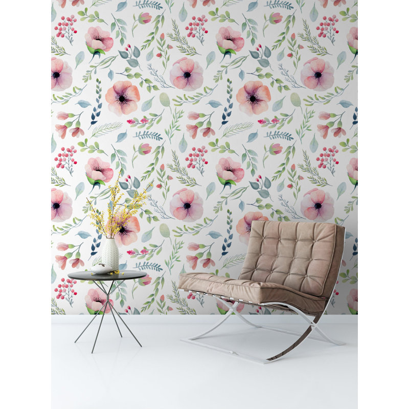 Floral Soft Corn Poppy Pink Flower Pattern Removable Wallpaper, 35.04" L x 55" W