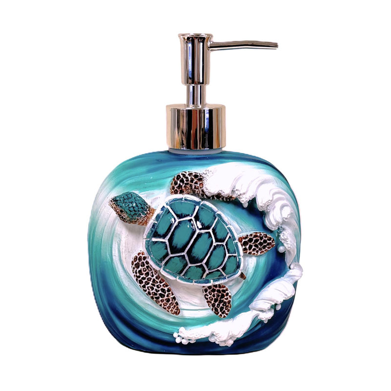 Resin Nautical Ocean Sea Turtle Wave Soap Pump Dispenser Refillable Liquid Soap and Lotion Bottle for Marine Life Lovers