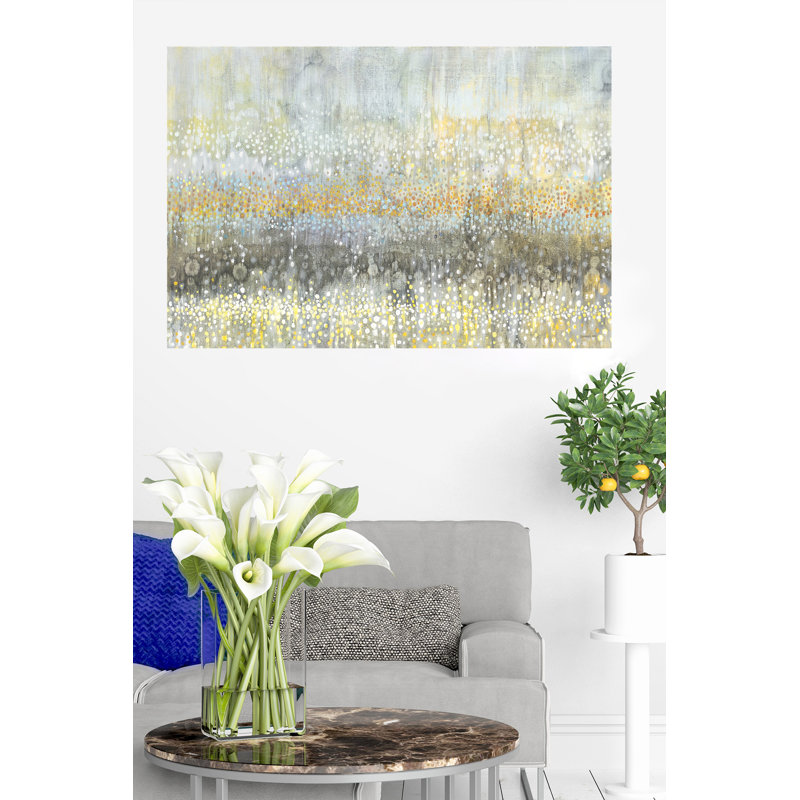 Pluie abstraite, taches de peinture, gouttes, jaune, or, noir, blanc, gris, impressionniste,, H 16 po x l 24 po x P 1,5 po