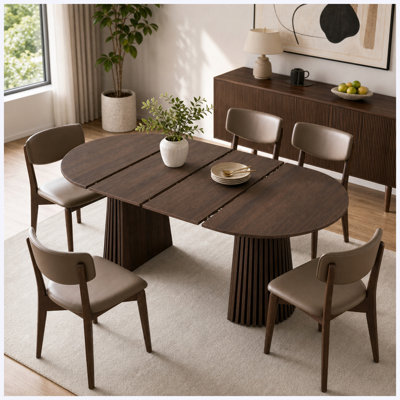 Walnut-Colored Wooden Extendable Dining Table, Modern Space-Saving Oval Table with Slatted Legs, for Living Room, Dining Room, Home Kitchen