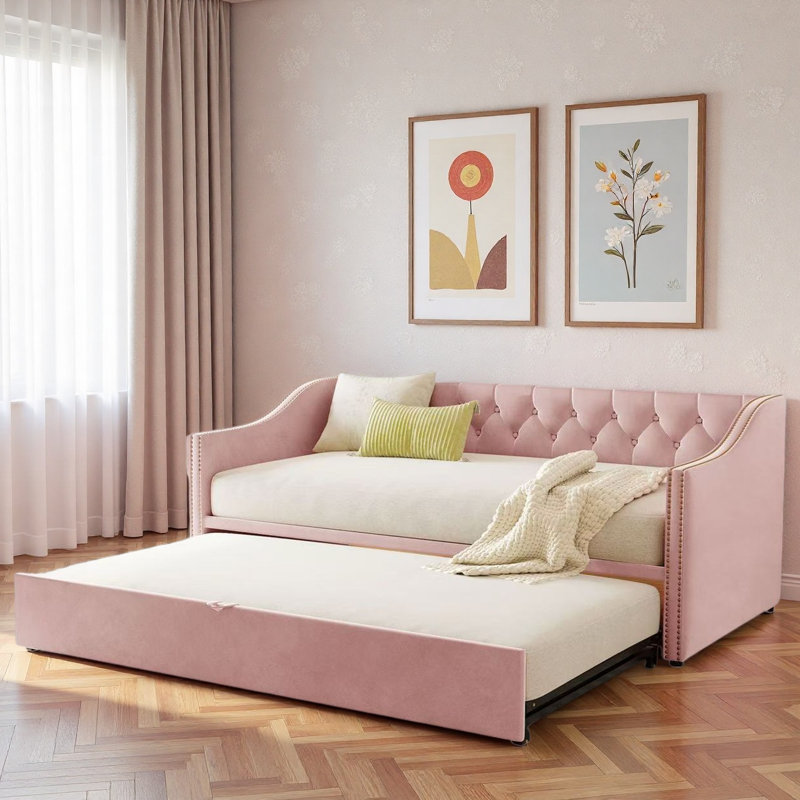 Upholstered Daybed With Pop Up Trundle, Pink