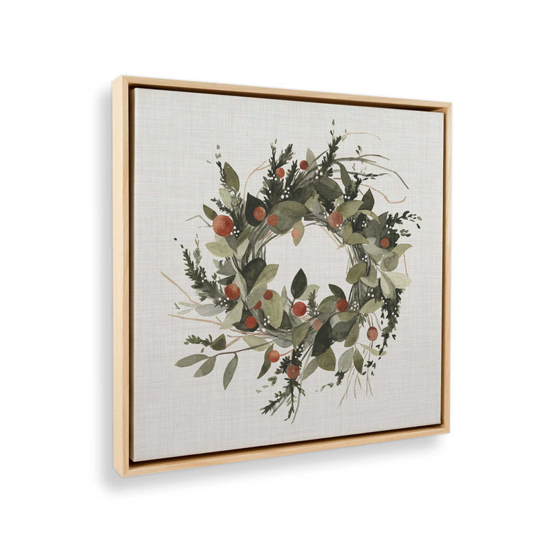 Impression sur toile « Couronne de Noël aux baies II » (40,6 cm x 40,6 cm) dans un cadre blanc, Encadrement brun