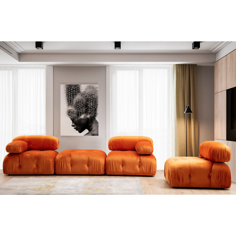 Repose-pieds élégant Tuffet, orange, 37,4 x 37,4 x 17,7 pouces | Structure en bois de hêtre et en carton, tissu 100% polyester | 28 coussins rembourrés en mousse avec siège fixe | Design moderne avec pieds noir mat | Parfait pour les hôtels et les salons