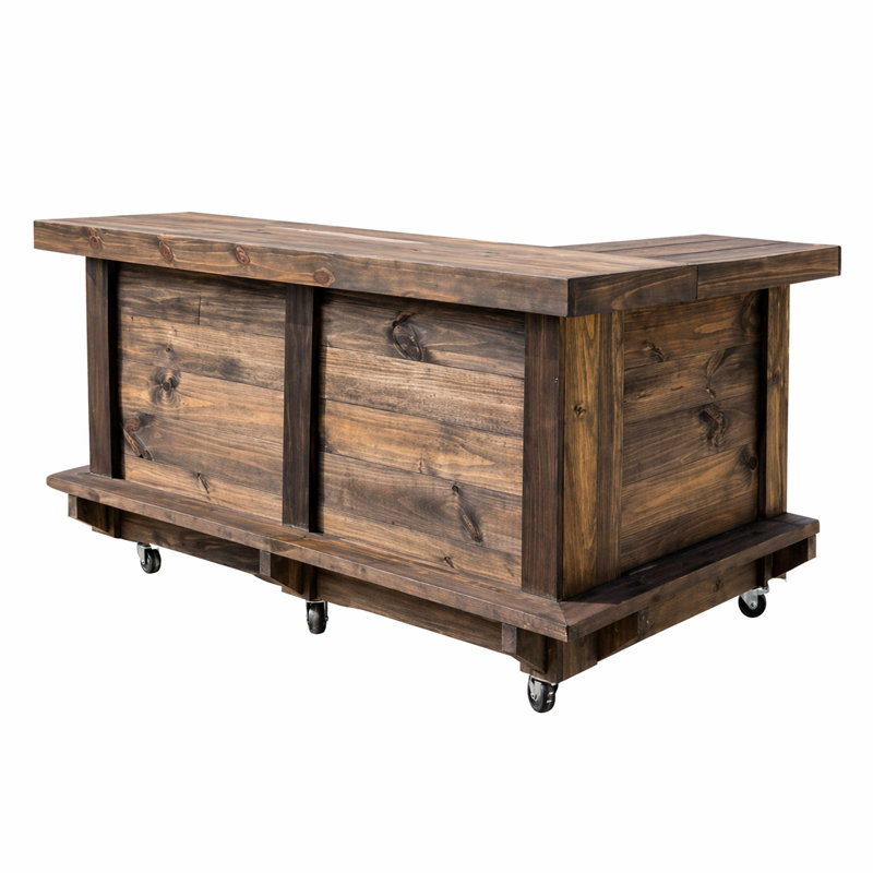 7 Ft Outdoor Wood Bartender Station With Shelf, Footrest, Casters, Left Layout