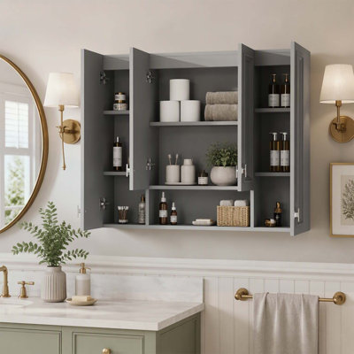 Armoire de salle de bain moderne avec 5 tablettes réglables, armoire à pharmacie murale, charnières à fermeture douce, étagère ouverte