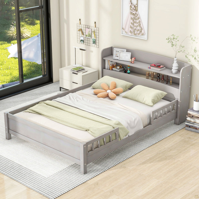 Lit plateforme double en bois avec éclairage à DEL intégré, tête de lit avec rangement et garde-corps, Antique Grey