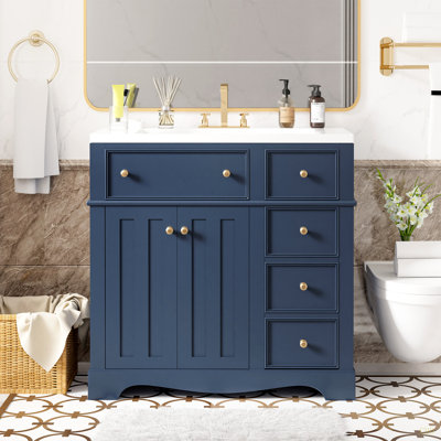 Ensemble de meuble-lavabo 36 po avec lavabo en résine, armoire de rangement en bois massif, ensemble de meuble-lavabo autoportant avec 3 tiroirs et tablette réglable