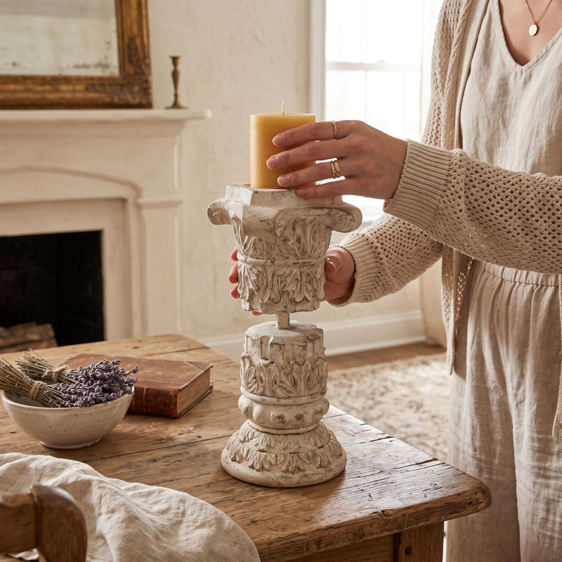 Antique Stone Roman Column Pillar Candle Holder for Mantel and Tabletop Decor