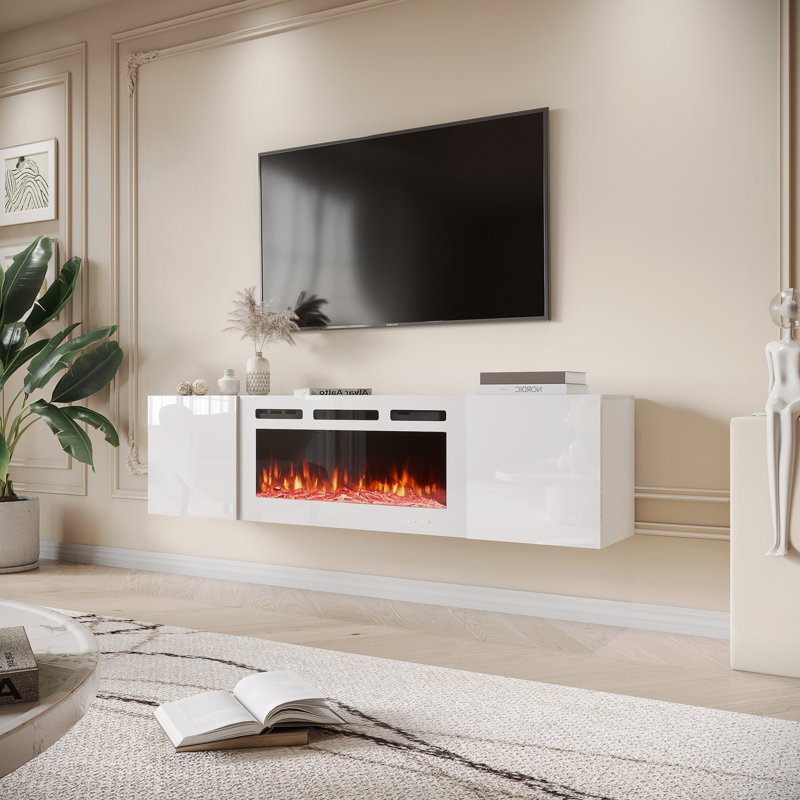  Meuble télé 70 po mural flottant avec foyer électrique inclus, Blanc