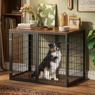 47" Multi-Function Large Dog Crate Furniture, Modern Wooden Metal Dog Kennel with 3 Doors, Heavy Duty Indoor Pet Cage House Side Table with Adjustable Feet for Large & Medium Dogs
