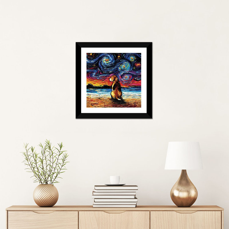«Beagle Night II» par Aja Treves - reproduction d'art, H 16 po x l 16 po x p 1 po, Papier encadré noir, Blanc