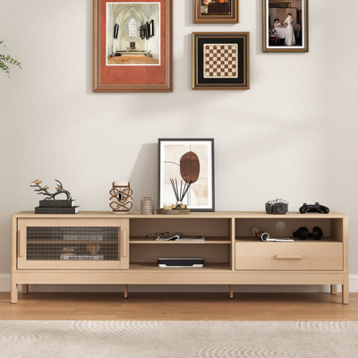 Meuble télé 70 po avec porte coulissante, tiroir et tablettes réglables de 70 po de largeur, pouvant accueillir un téléviseur de 75 po ou moins - fini bois naturel