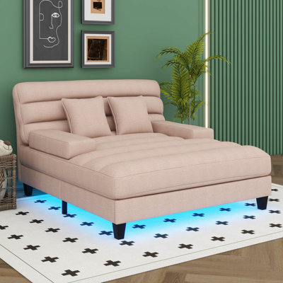 57.1"Modern Chaise Lounge Chair, Chenille Upholstered Lounge Sofa Bed With Adjustable Backrest And LED Light Strip
