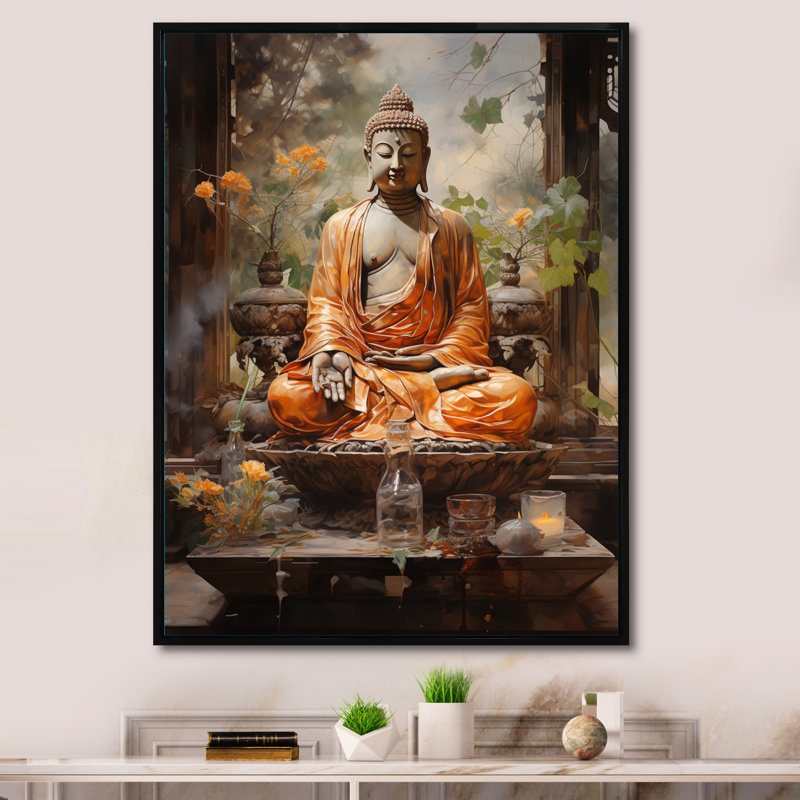 Art bouddhiste orange et gris, Bouddha, art mural, L 30 po x H 40 po x P 1,5 po, Cadre flottant noir