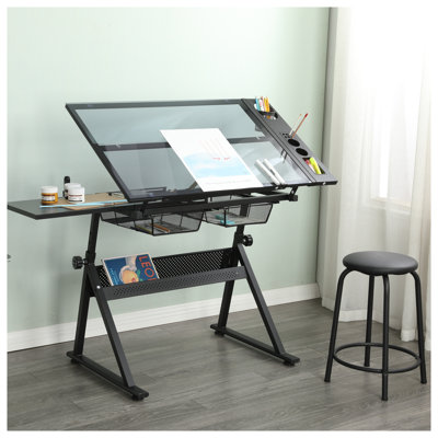 Modern Adjustable Tempered Glass Drafting Table with Stool & Storage Drawers