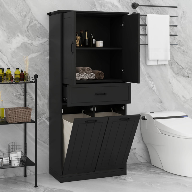 Double Tilt Out Laundry Hamper Cabinet, Tall Bathroom Storage Cabinet With Tilt Out Laundry Basket, Black
