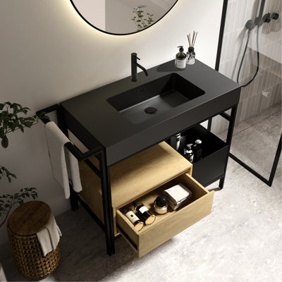Meuble-lavabo modulaire de 36 po de style industriel avec tiroir à fermeture en douceur, rangement ouvert, barre à serviettes réglable, quincaillerie, quartz chêne noir, 34,83 po de profondeur, 18,41 po de largeur, 31,96 po de hauteur, 108,82 lb pour