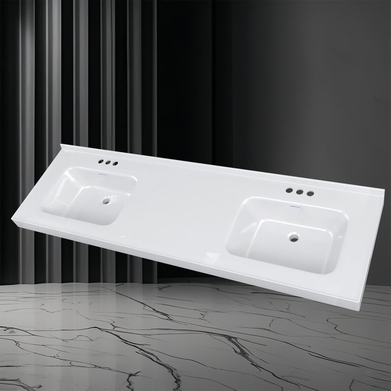 73 Inch Solid Surface Double Sink Vanity Top, 3" Thick Countertop, Raised Edge & 0.38" Backsplash, Bright White, Waterproof & Easy Install