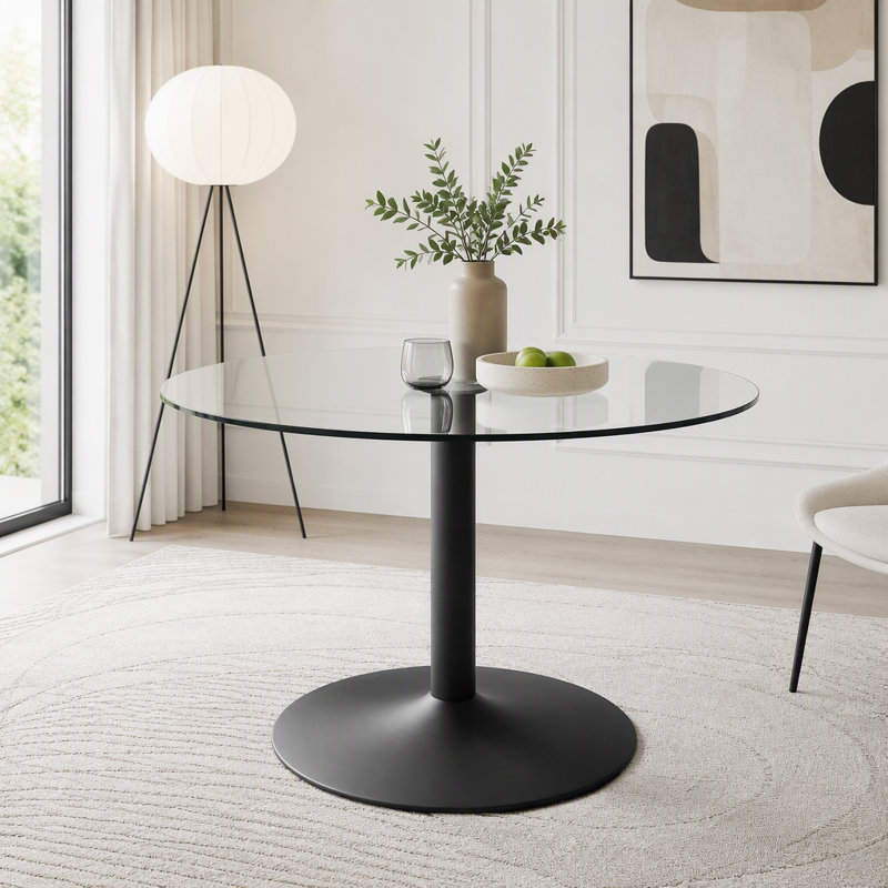 Table de salle à manger ronde en verre trempé avec piètement en métal noir