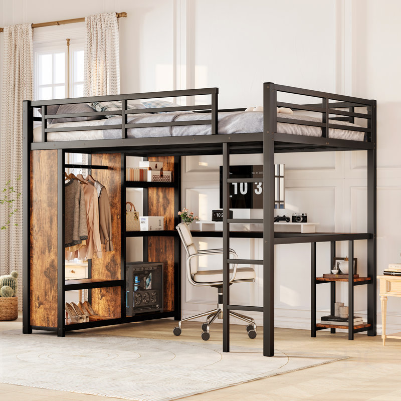 Queen Size Loft Bed Frame With Built-In Wardrobe, Metal Loft Bed With Desk And Storage Shelves, Wood