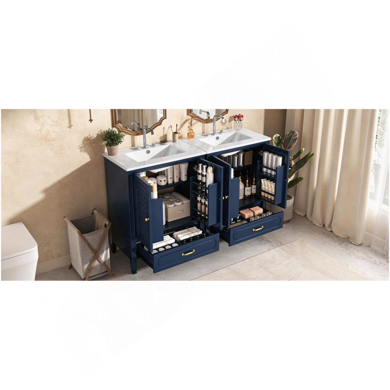 60" Bathroom Vanity With Double Sink Combo Set, 2 Cabinet With Door Organizers, 2 Drawers, Blue