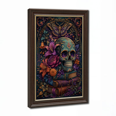 Ornate Teal Skull With Purple Flowers And Gold Halloween Canvas Wall Art