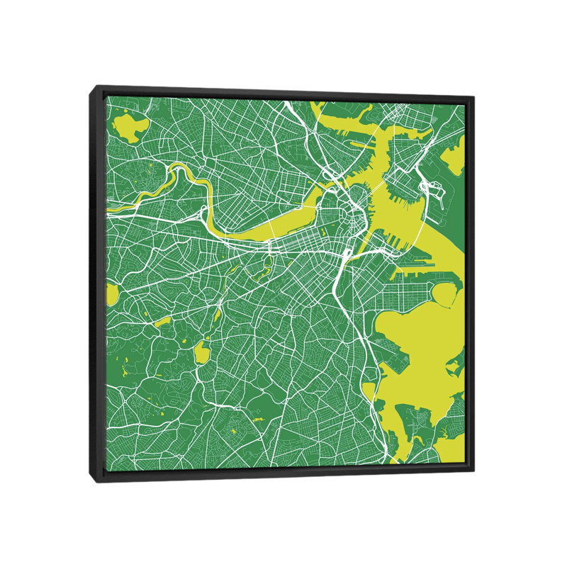 «Boston Urban Roadway Map», impression sur toile tendue en vert, Toile avec cadre noir, H 18 po x l 18 po x P 1,5 po