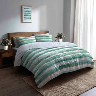 Coastal Bedding Set 3 Pcs - Green Mint Breeze Stripes Duvet Cover And Throw Pillow Set