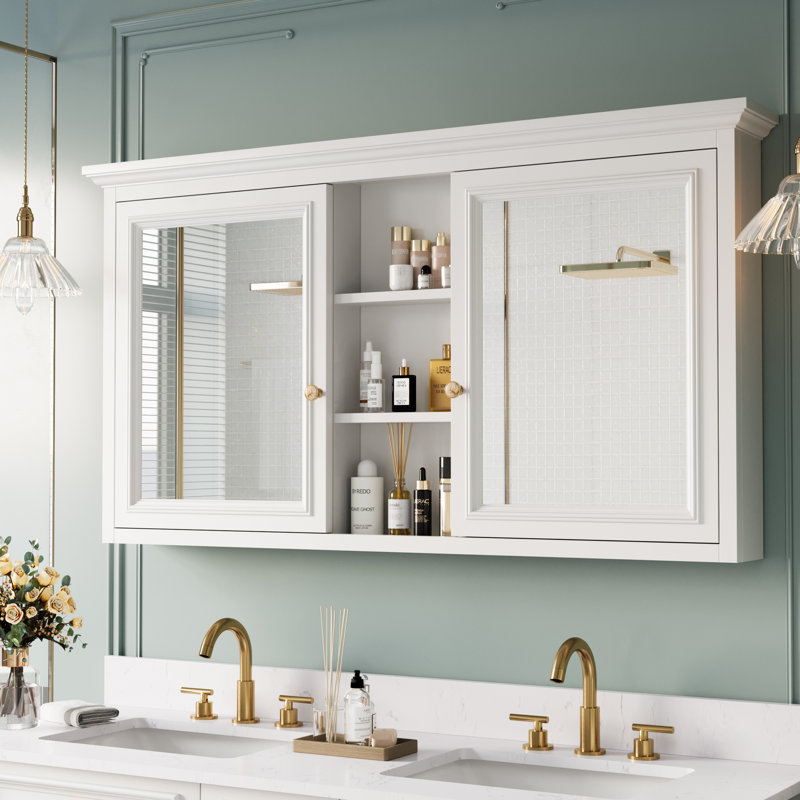 Pharmacie avec cadre en bois massif et miroir en bois massif l 55 po x H 30 po, Coulissante double