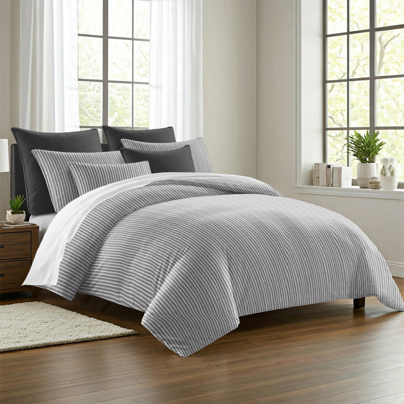 Walker Ticking Stripe Indigo/White Cotton Coverlet Set, Super Queen Coverlet / Bedspread + 2 Queen Shams, Iron/Ivory