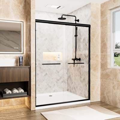 Porte de douche coulissante double H 72 po x l 72 po, verre trempé transparent de 1/4 po 6 mm avec film imperméable, cadre en aluminium noir mat, conception imperméable, installation réversible pour porte de salle de bain moderne