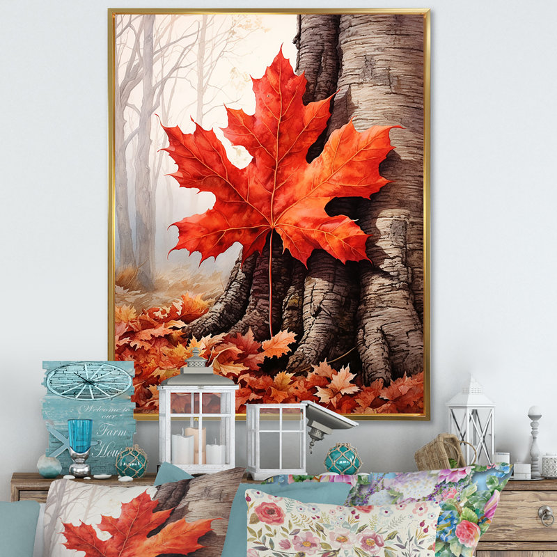 «Maples Mark Autumn Red III» sur toile, Cadre flottant doré, H 40 po x l 30 po x P 1,5 po