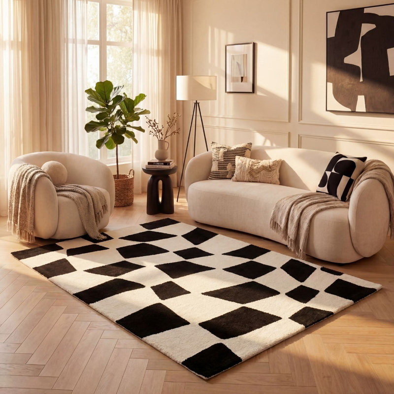 Joli Chequered Area Rug Soft Dense Pile for Living Rooms and Bedrooms, Rectangle 80 x 150 cm, Black/White