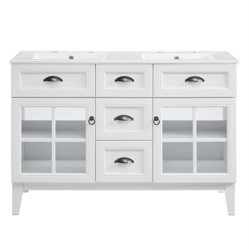 Isle 48" White Double Sink Bathroom Vanity Cabinet with Glass Doors