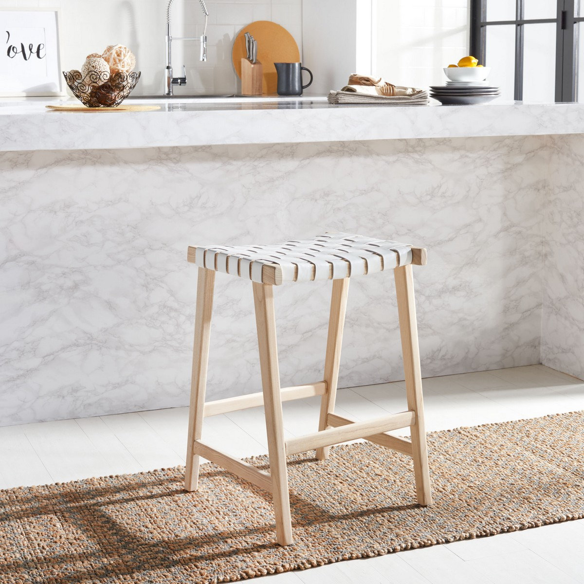 Alston Bar Stool, Natural, Counter Stool (26.77” Seat Height), White