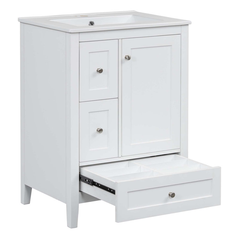 Meuble-lavabo de 24 po avec rangement, tablette réglable, panneau de fibres à densité moyenne et bois d'hévéa, cloisons amovibles