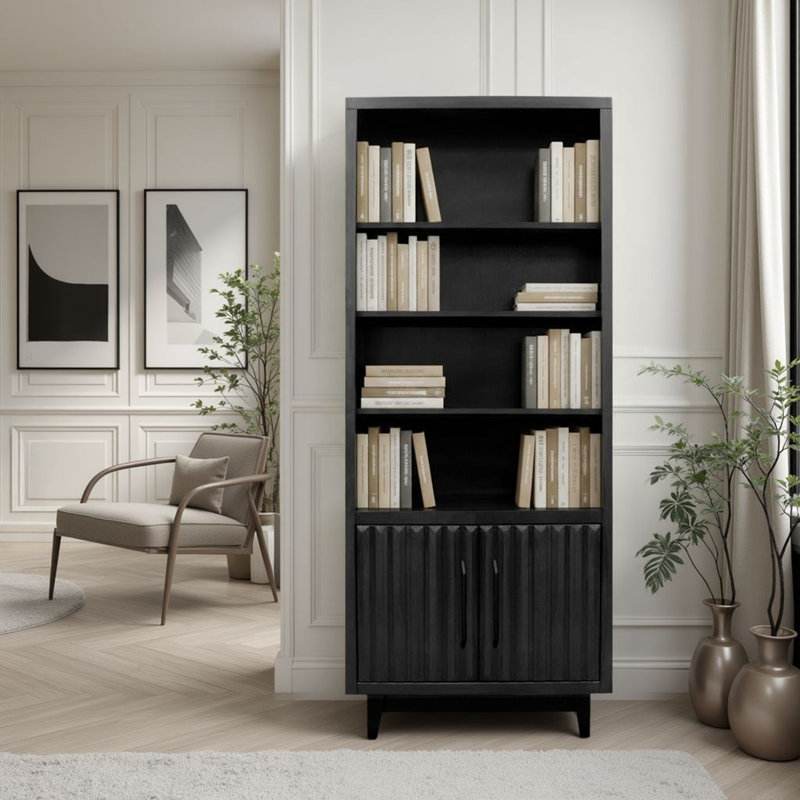 Bibliothèque standard en bois massif à 3 tablettes avec armoire de rangement Poularies, Noir