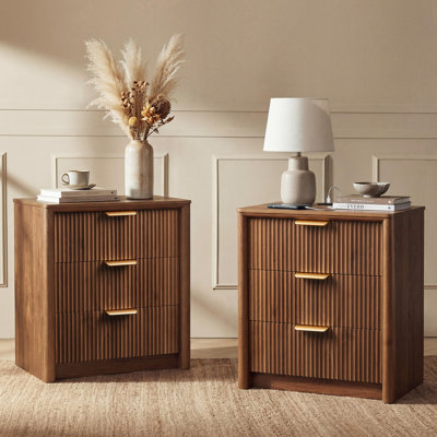 Walnut Nightstand Set of 2 with Charging Station, 3 Drawer Wood Fluted Bedside Table Set, 22.8" L × 15.8" W × 24" H