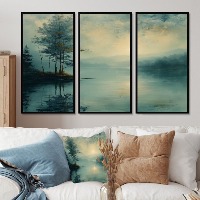 Brouillard d'hiver, paysage de lac romantique, ensemble de salon Wall Art, H 32 po x l 48 po x P 1 po