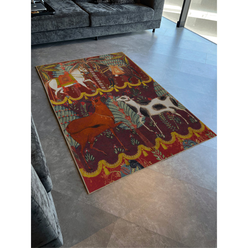 Tapis décoratif multicolore à motif de cheval et de cerf sur le thème du carnaval, Tapis de couloir 3 pi 9 po x 9 pi 10 po