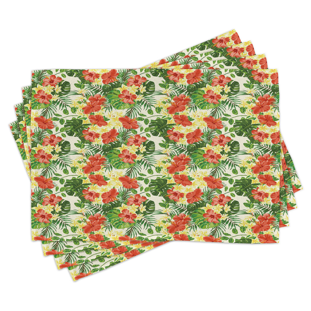 Platzdeckchen 4er Set, Exotisches Blumenmuster, Rot Blass Gelb Grün