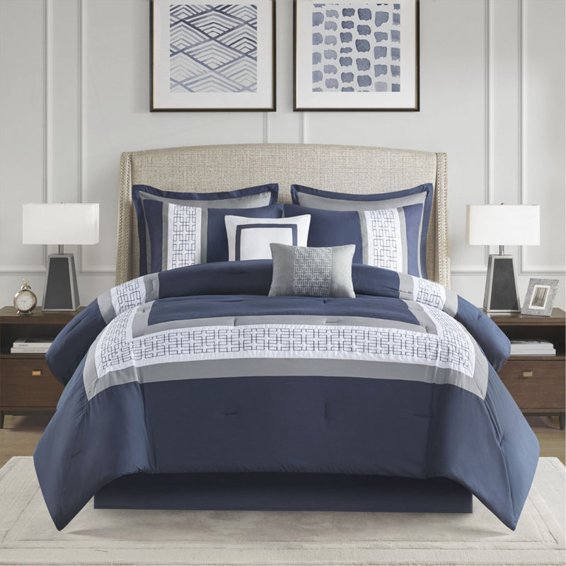Ensemble d'édredon brodé 8 pièces très grand bleu marine, Bleu marine à carreaux